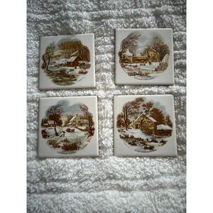 Vintage Currier & Ives Ceramic Tiles Winter Scenes Set of 4 Farmhouse Rustic